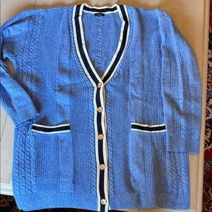 Talbots Textured Blue Cardigan with Contrast Trim